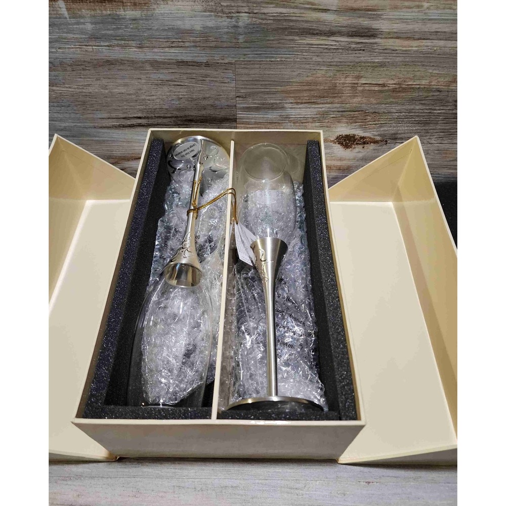 Papyrus Silver Toasting Flutes Set of 2 Crystal Accent Wedding Champagne Glasses